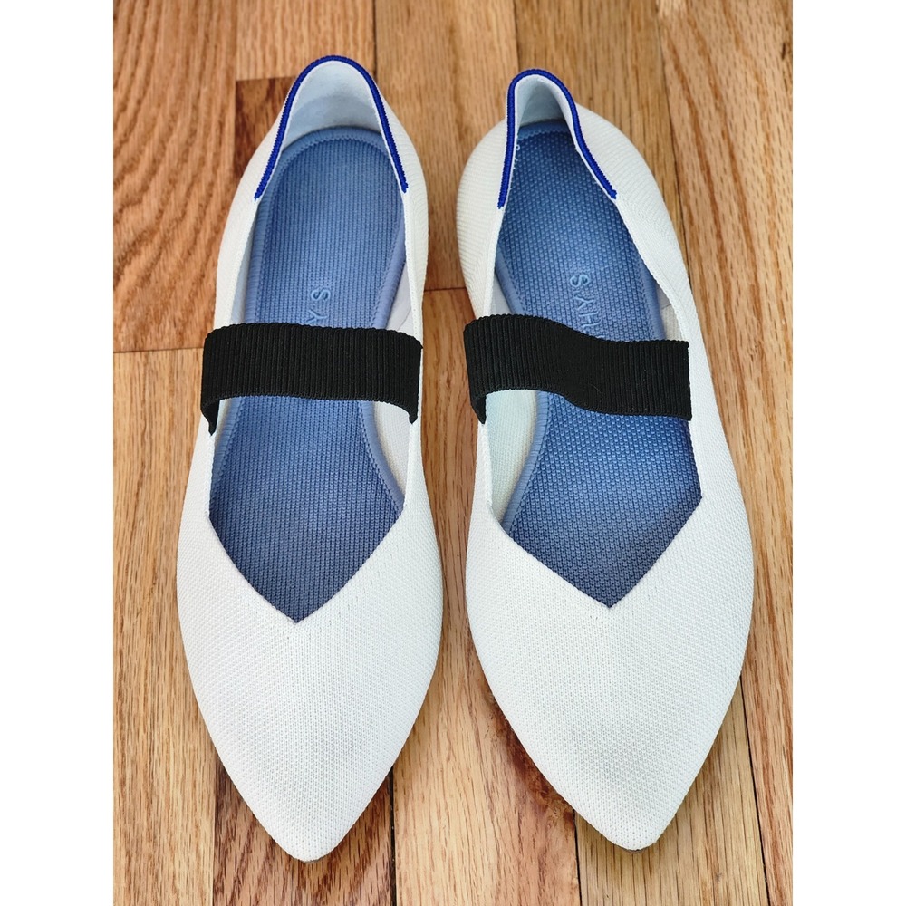Rothys The Point Mary Jane White Black Strap‎ Pointed Toe Flats 10.5 140-002